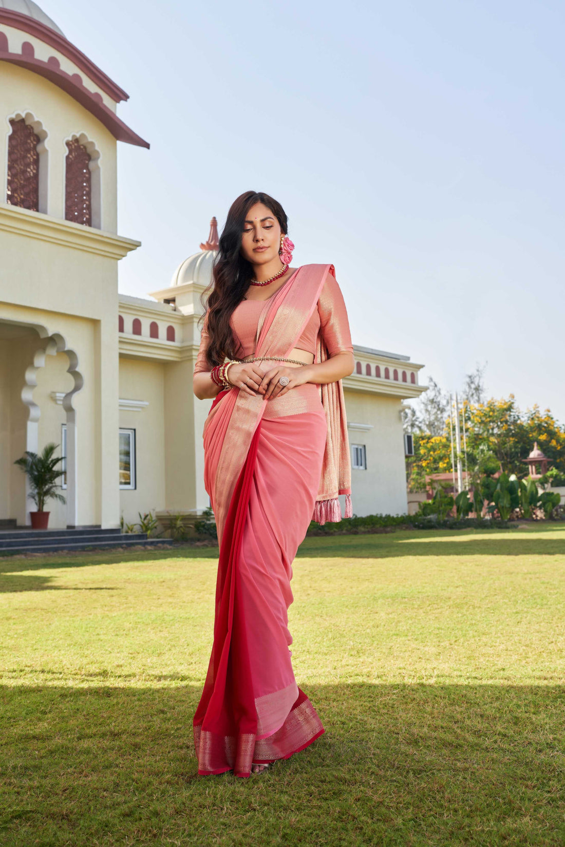 Peach & Red Pure Georgette Saree