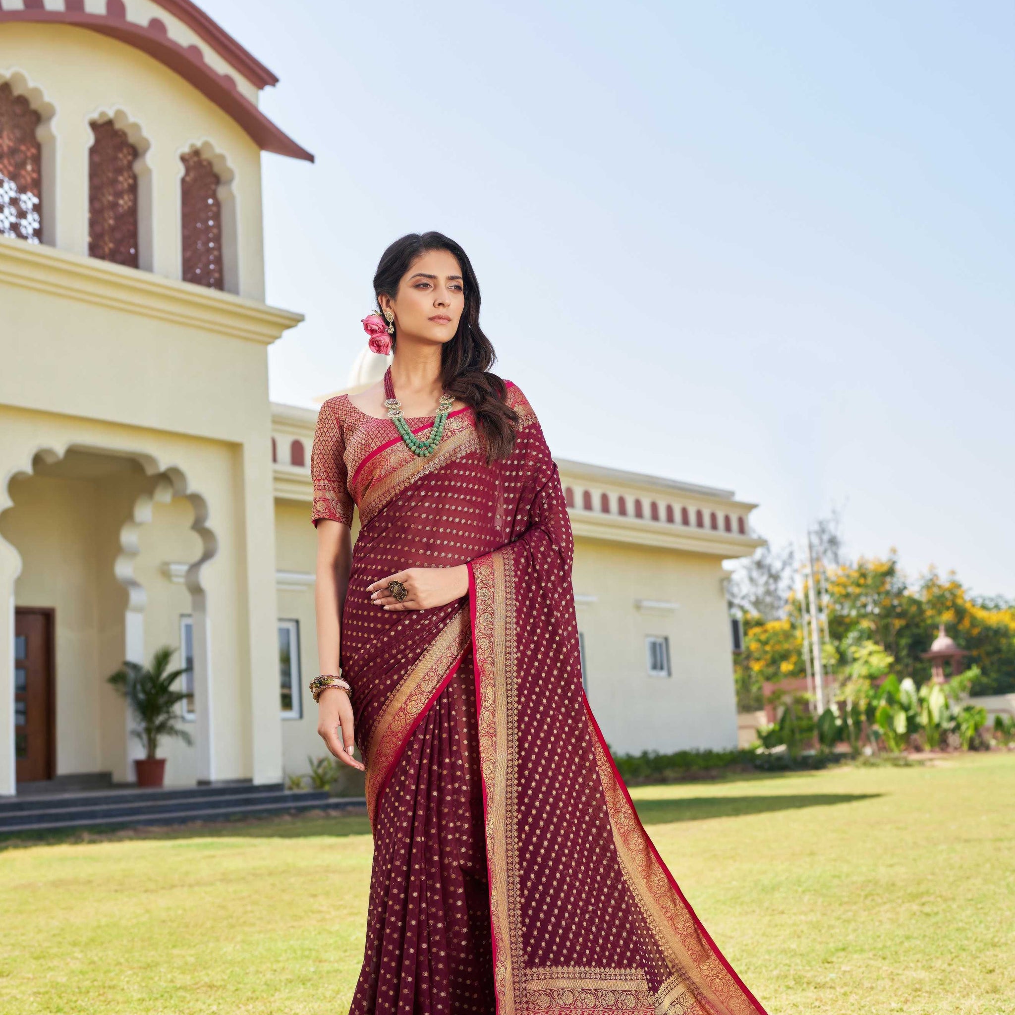 Wine & Pink Pure Georgette Saree