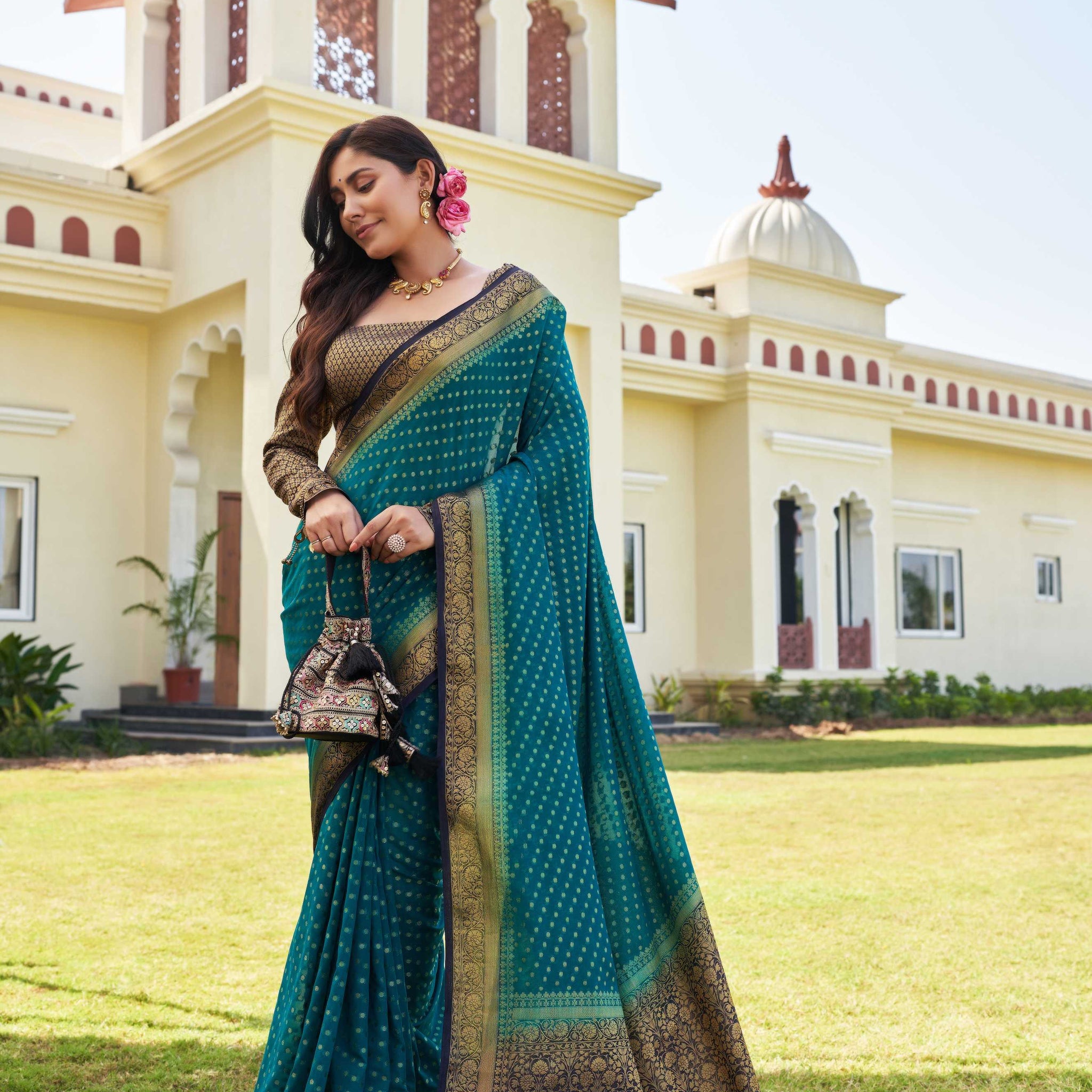 Teal Blue Pure Georgette Saree