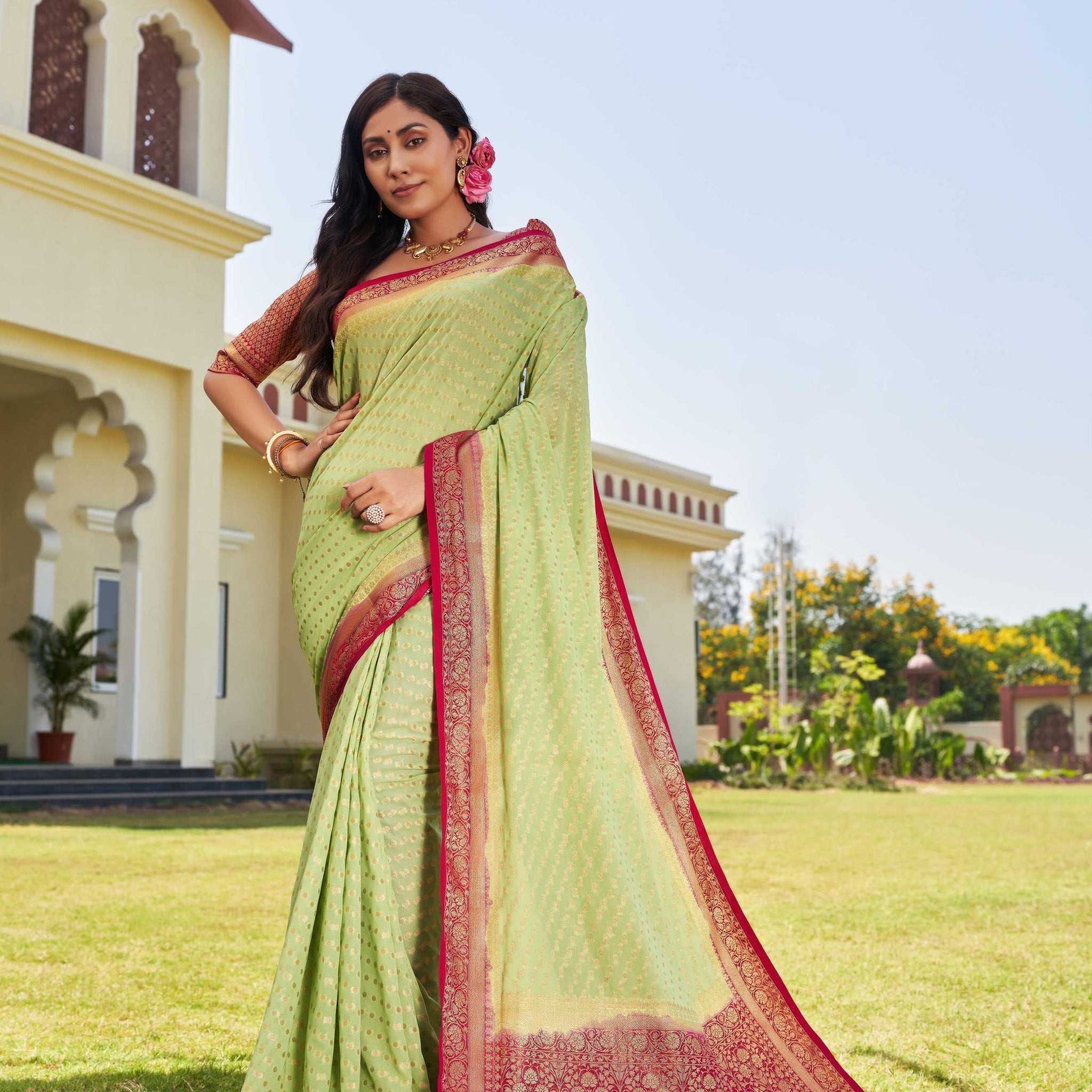 Pista Green Pure Georgette Saree