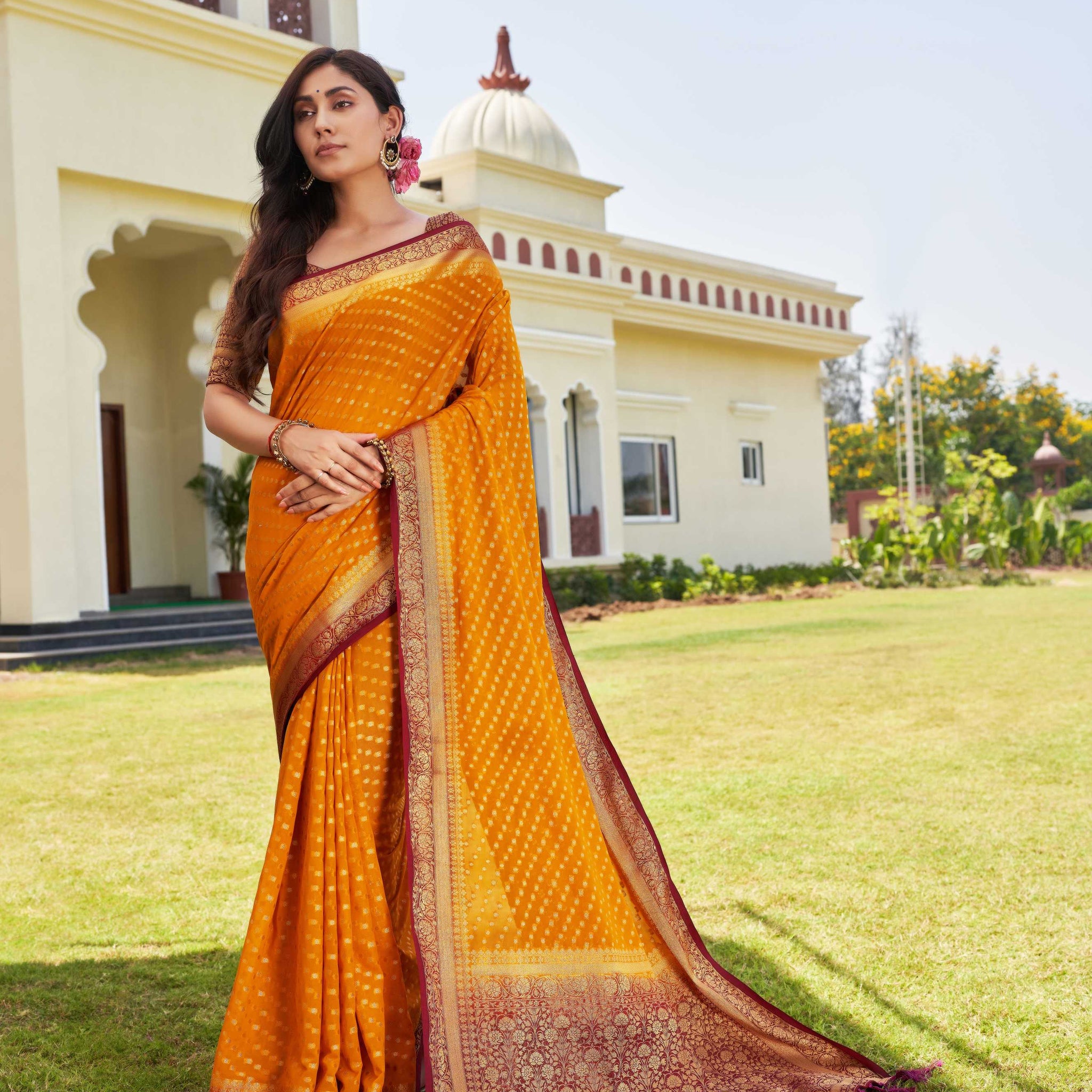 Mustard Yellow Pure Georgette Saree