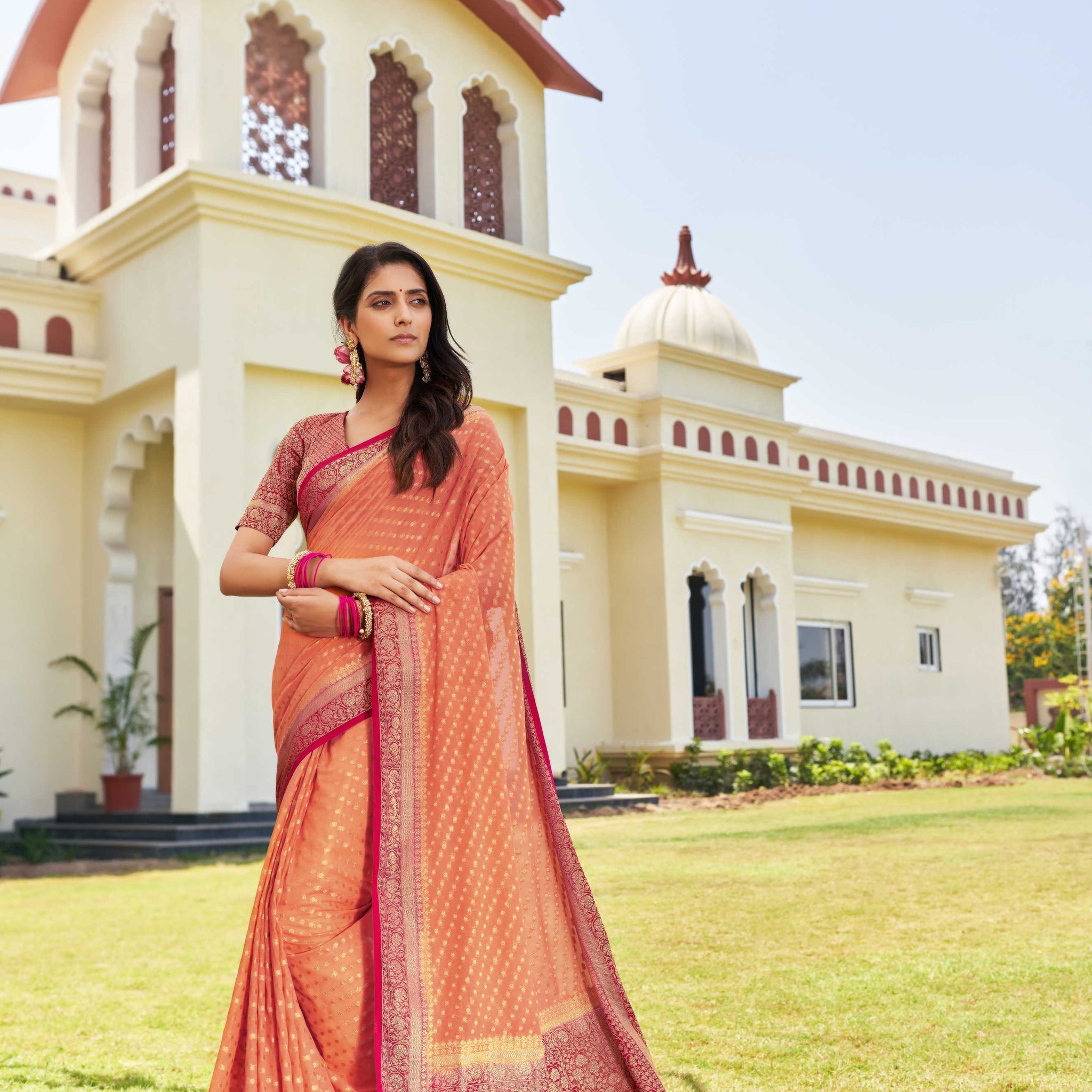 Peach Pure Georgette Saree