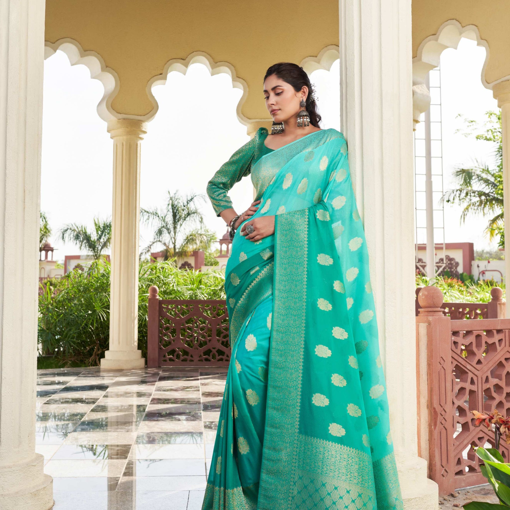 Sea Green Pure Georgette Saree