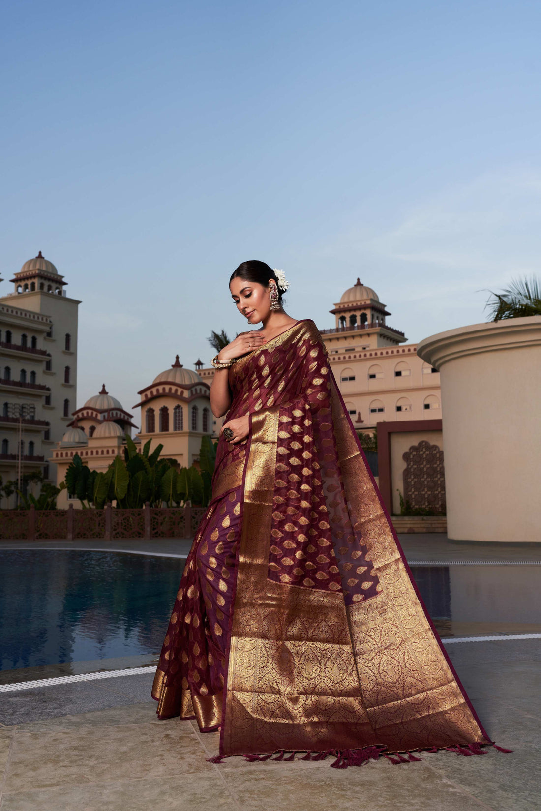 Wine Banarasi Organza Saree