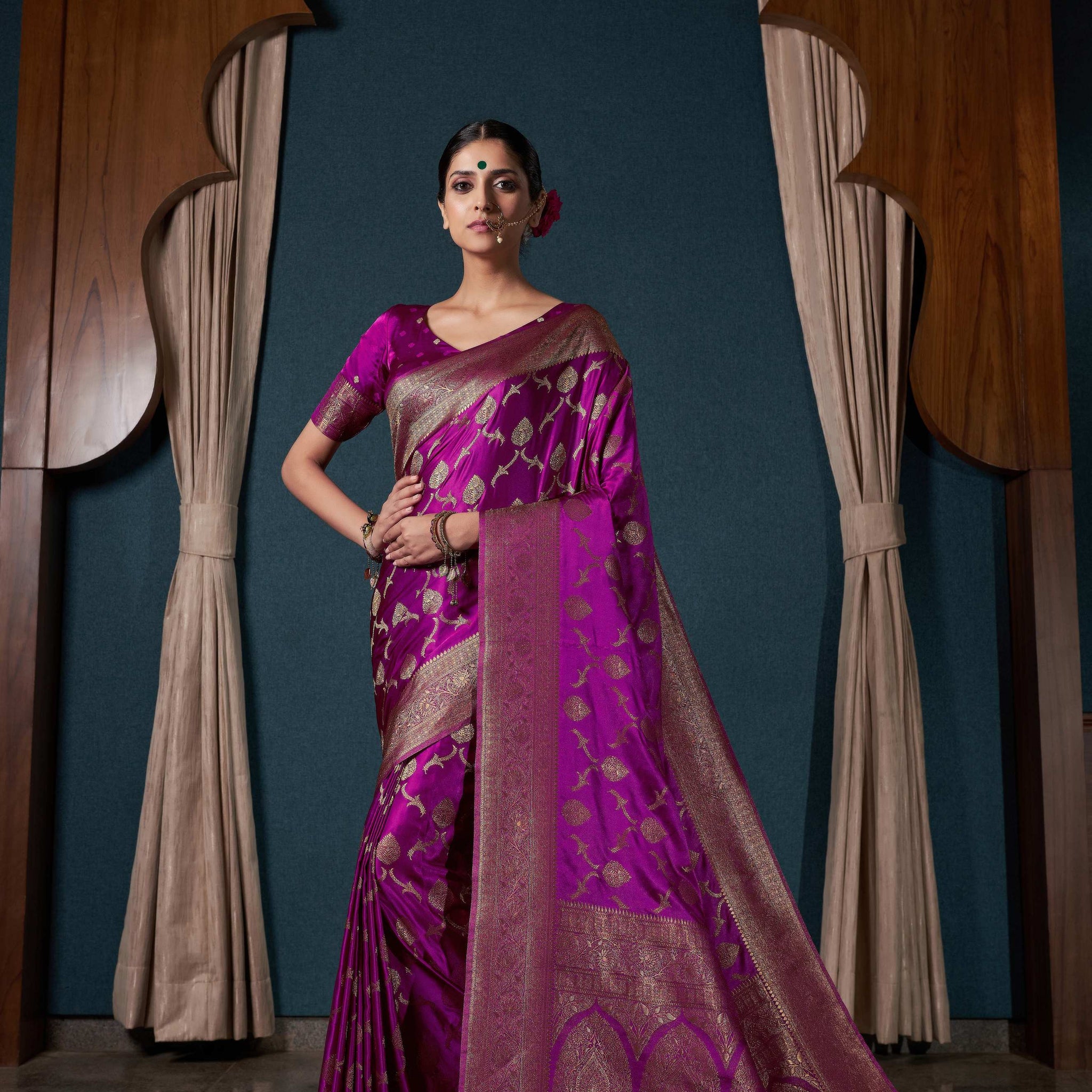 Wine Satin Silk Saree