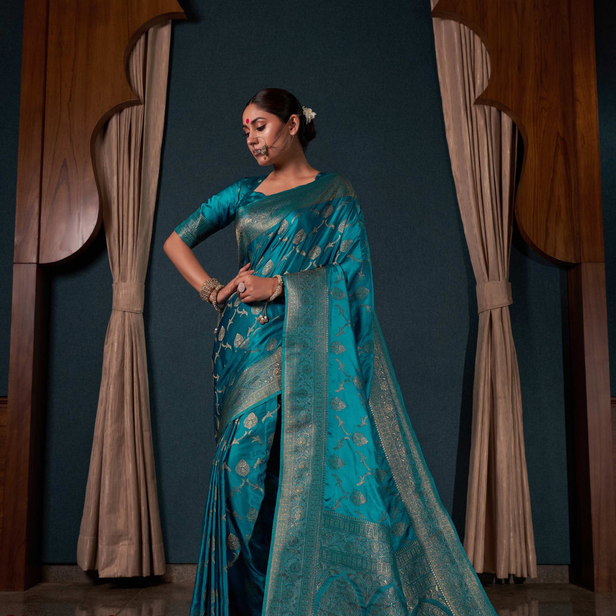 Teal Blue Satin Silk Saree