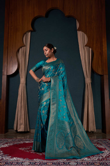 Teal Blue Satin Silk Saree