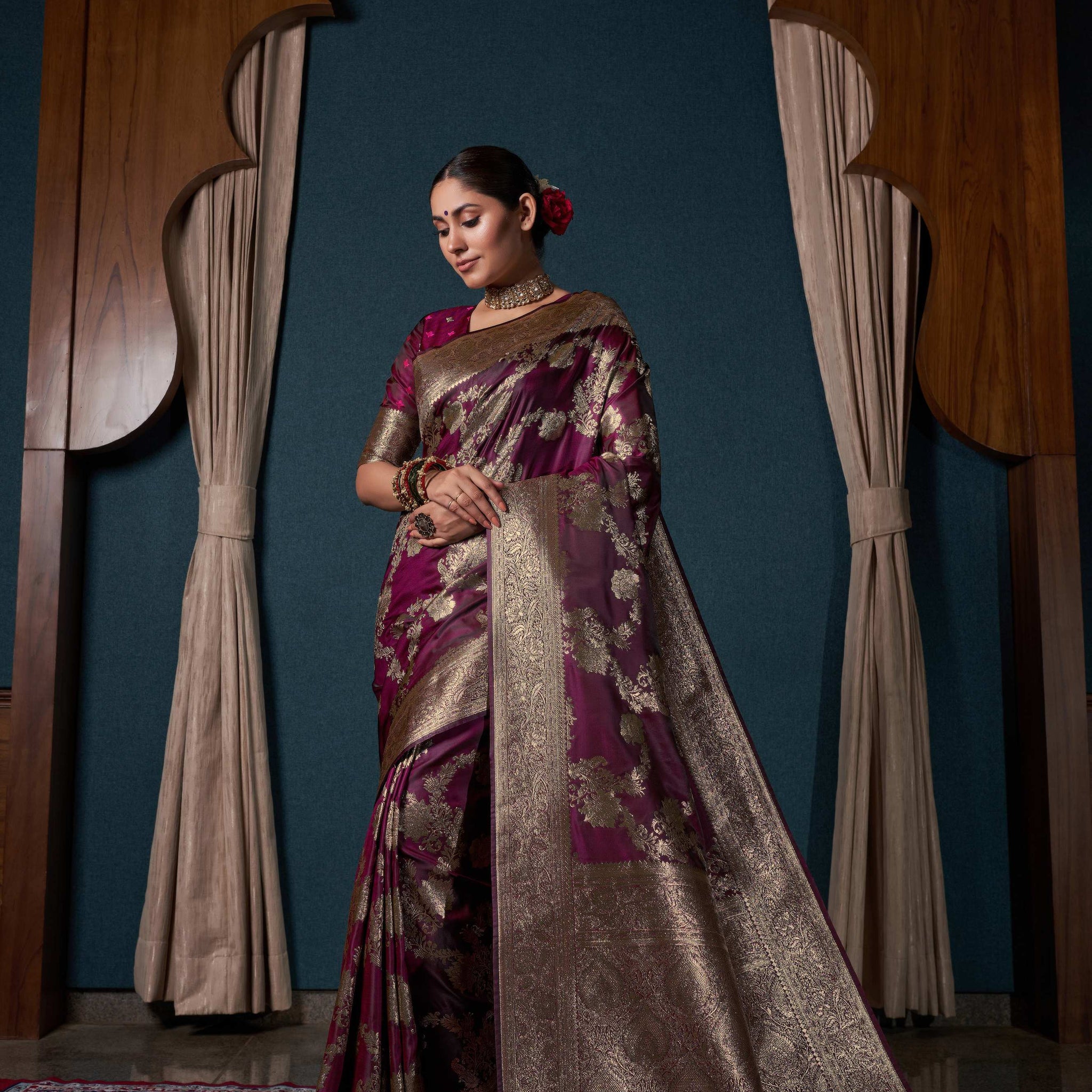 Wine Satin Silk Saree