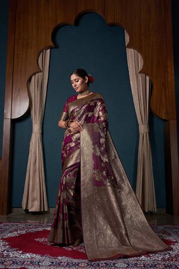 Wine Satin Silk Saree