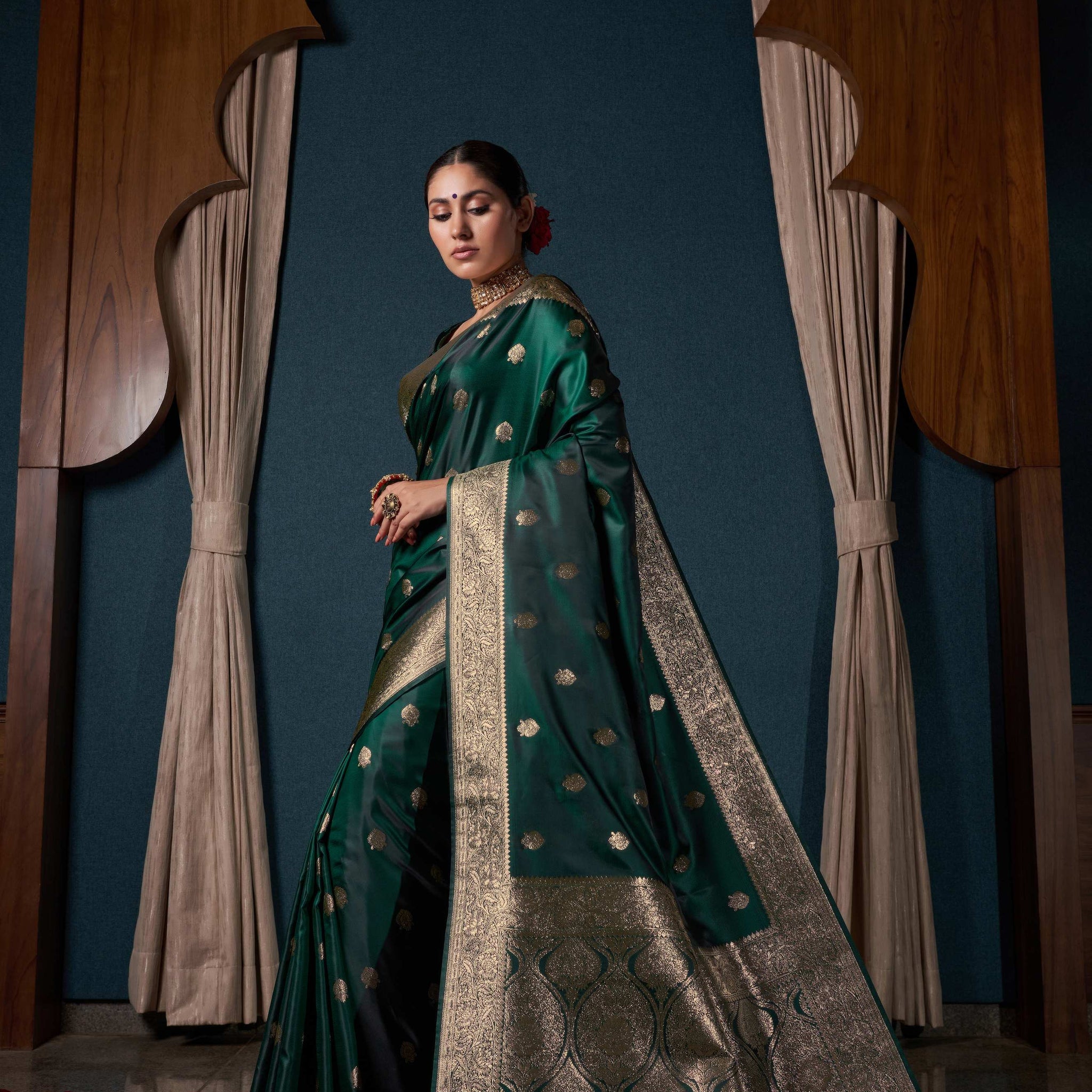 Green Satin Silk Saree