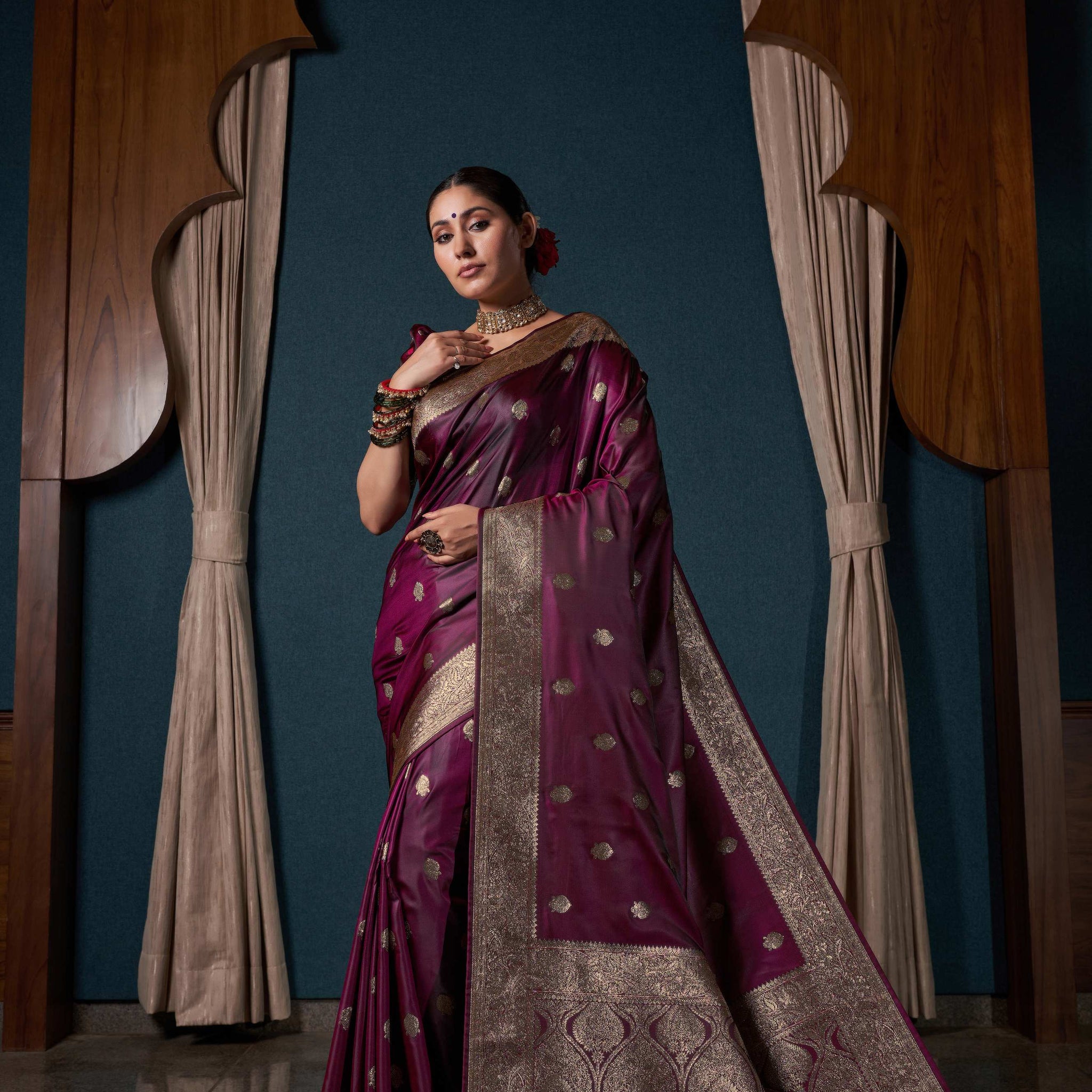 Wine Satin Silk Saree