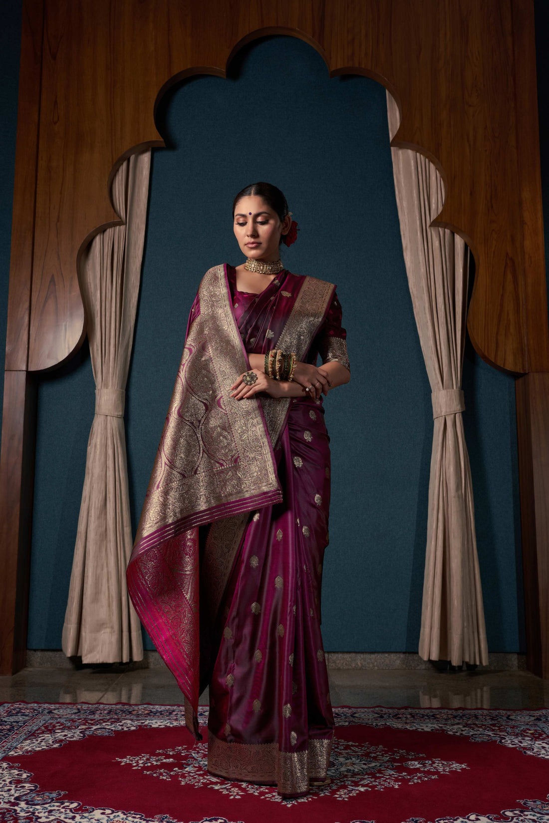 Wine Satin Silk Saree