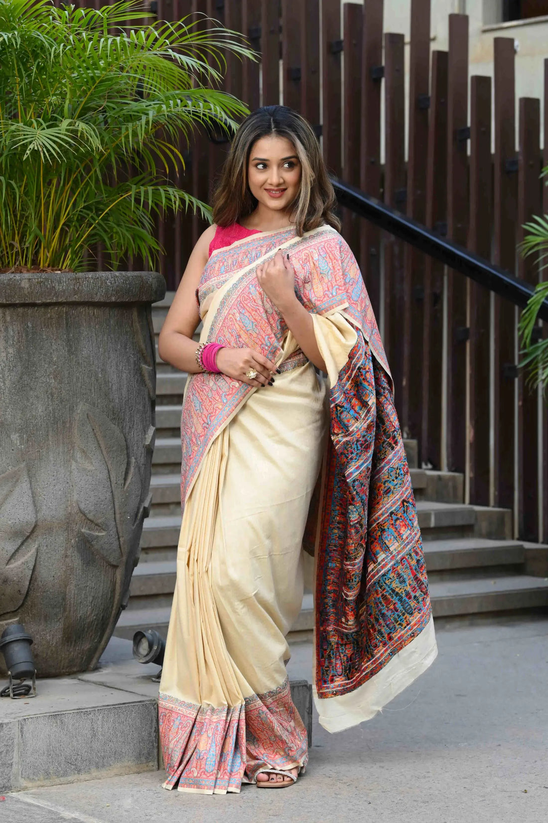 Cream Modal Cotton Silk Saree