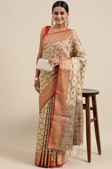 Beige Banarasi Kathan Silk Saree