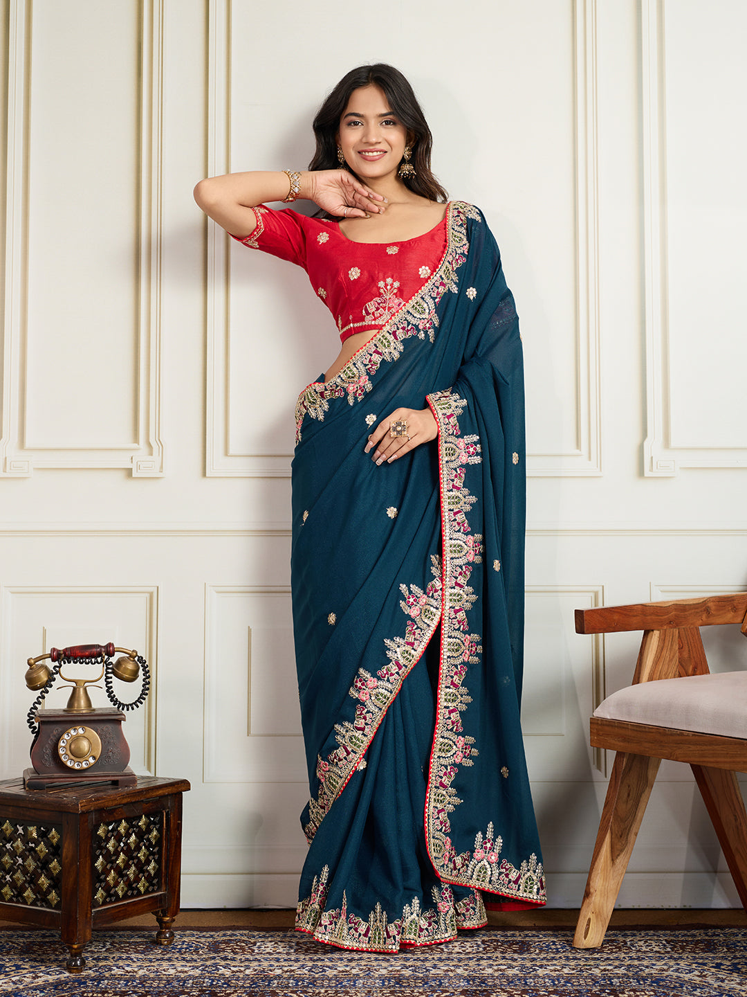 Dark Teal Blue Star Georgette Saree