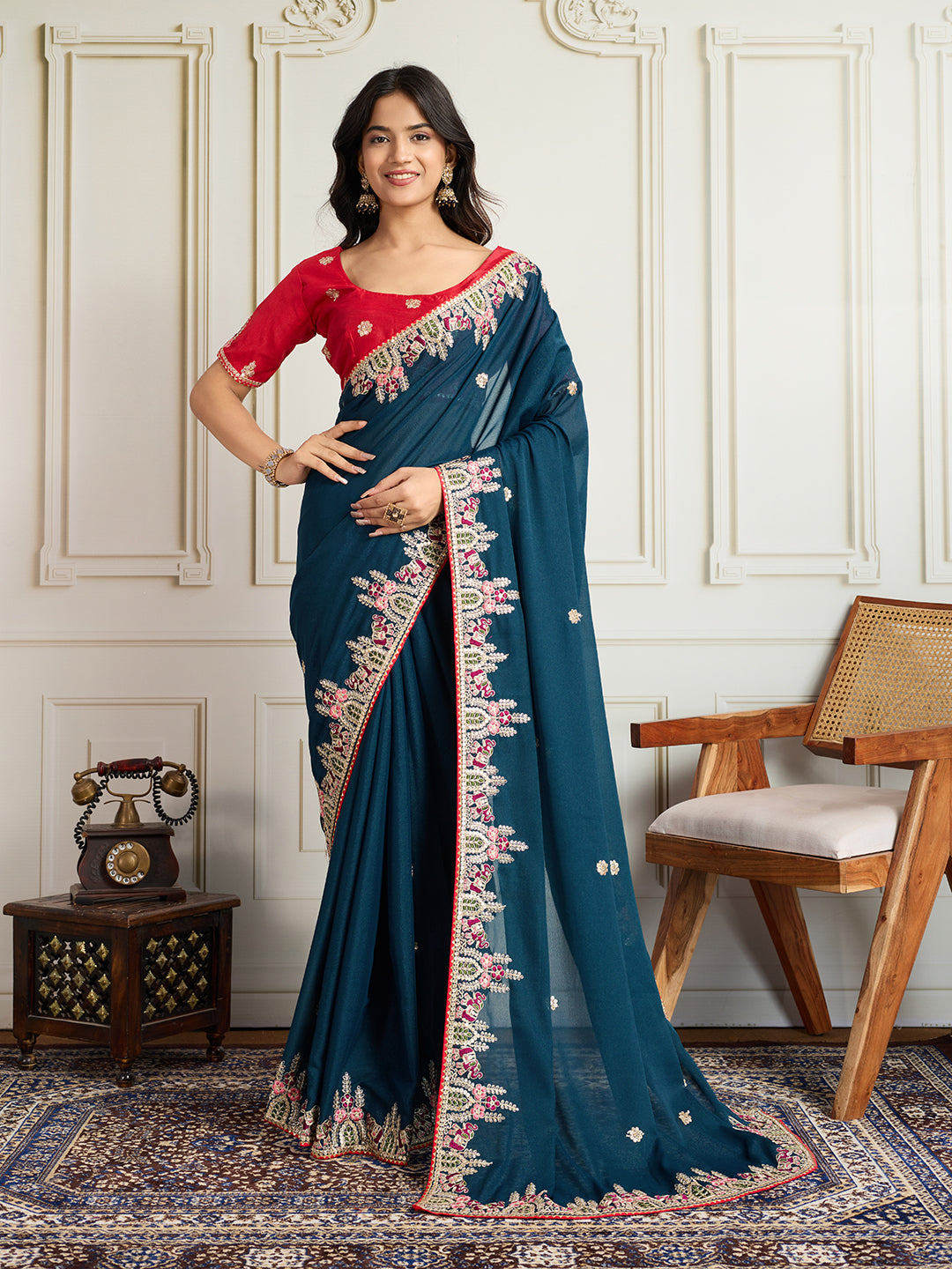 Dark Teal Blue Star Georgette Saree