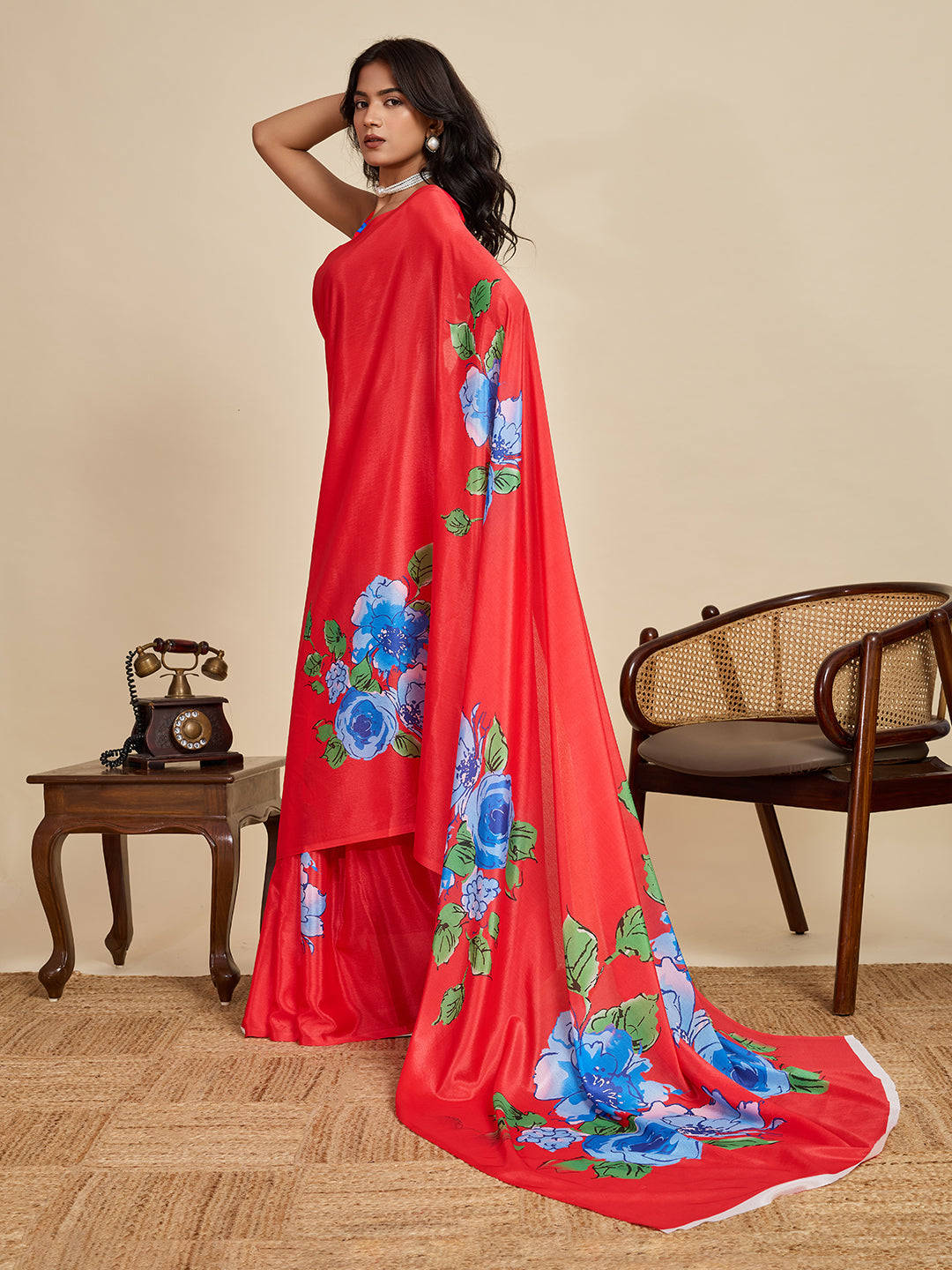Red Chinon Designer Print Saree