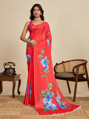 Red Chinon Designer Print Saree