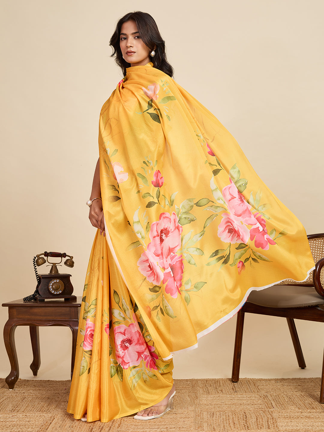 Yellow Chinon Designer Print Saree