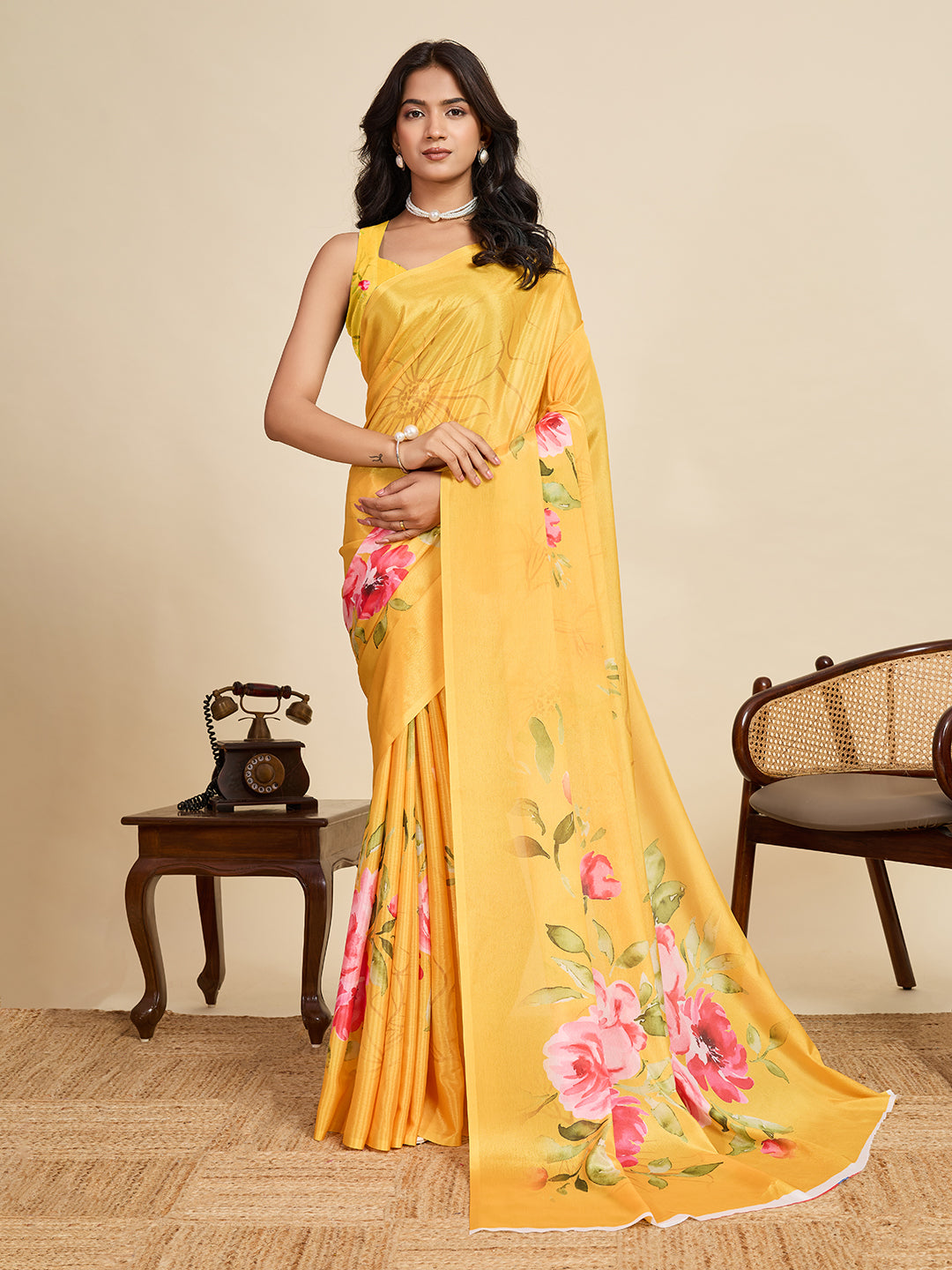 Yellow Chinon Designer Print Saree