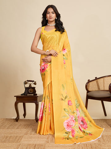 Yellow Chinon Designer Print Saree