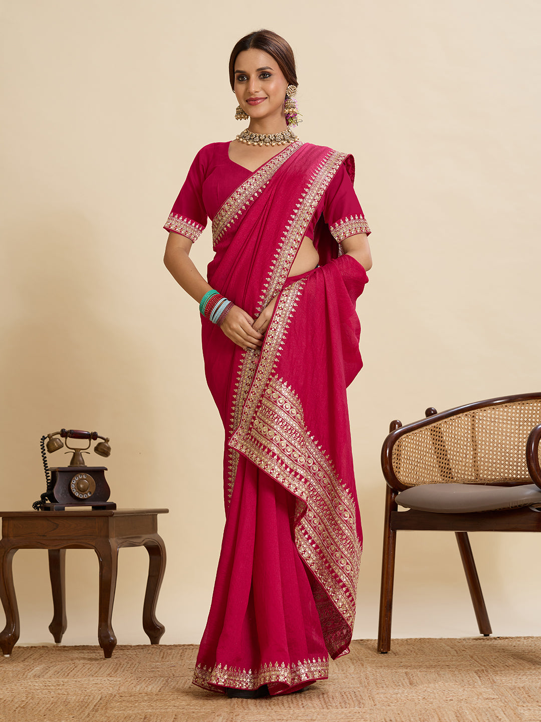 Ruby Red Vichitra Silk Saree