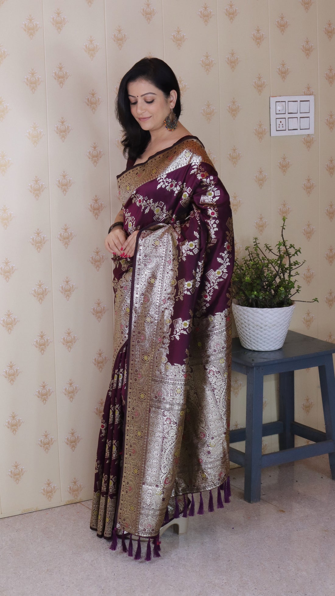 Wine Banarasi Silk Saree