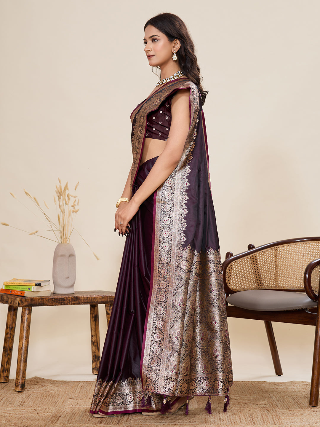 Wine Satin Silk Saree