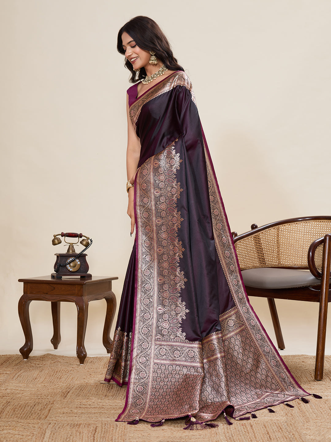 Tyrian Purple Satin Silk Saree