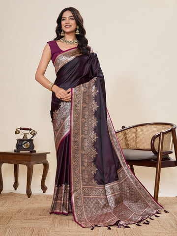 Tyrian Purple Satin Silk Saree