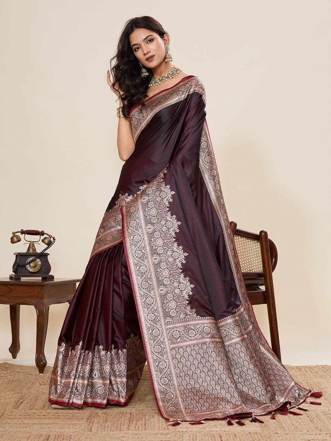 Wine Satin Silk Saree