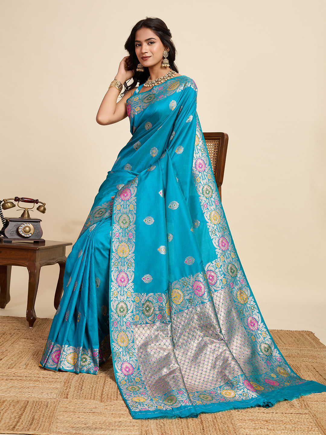 Turquoise Blue Soft Silk Saree