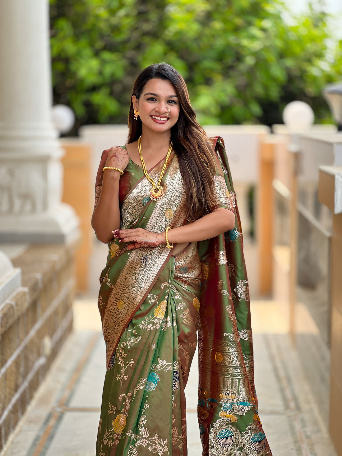 Olive Green Banarasi Silk Saree