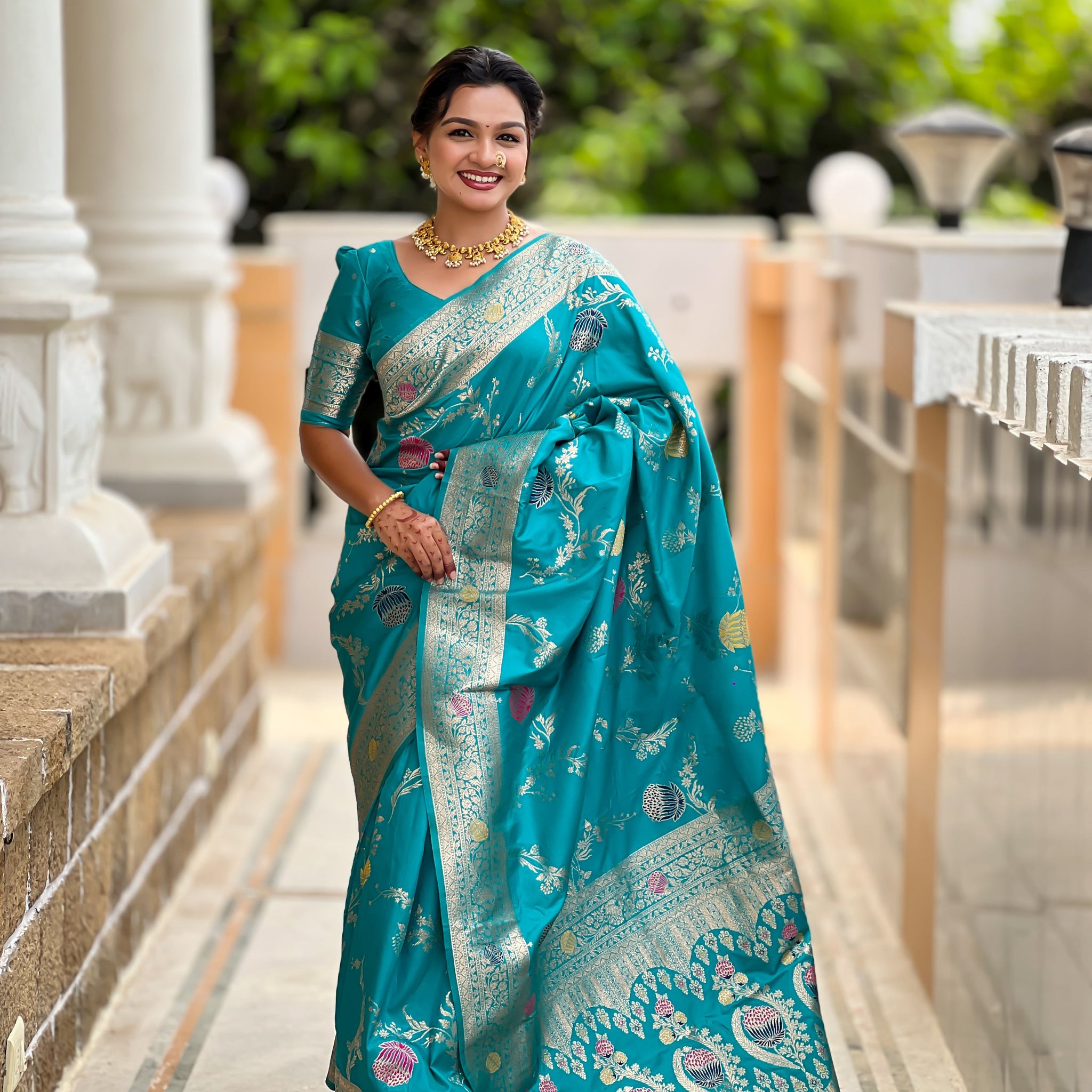 Turquoise Blue Banarasi Silk Saree