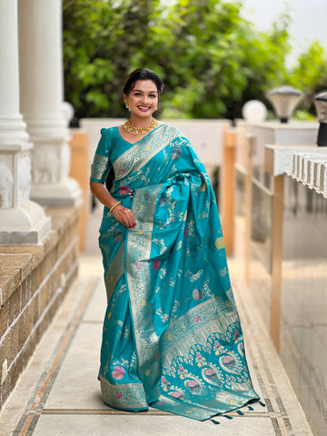 Turquoise Blue Banarasi Silk Saree