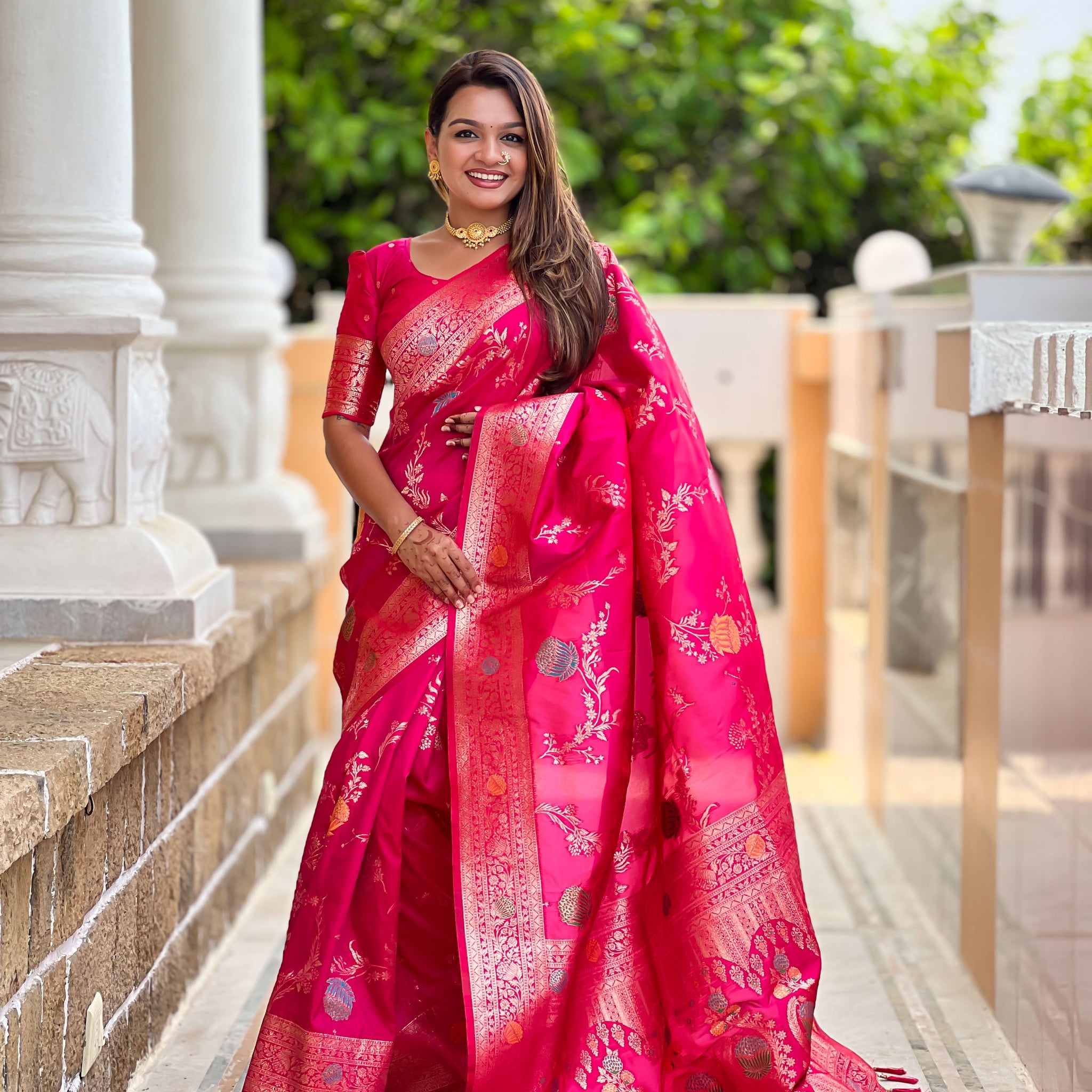 Magenta Pink Banarasi Silk Saree