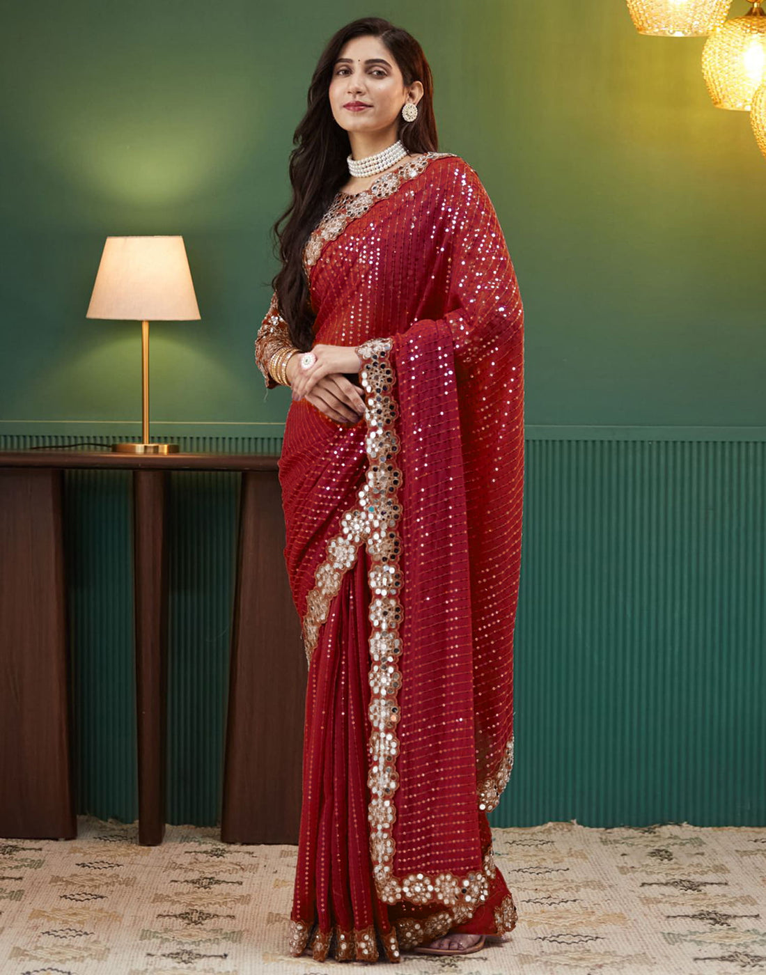 Red Sequin Georgette Saree