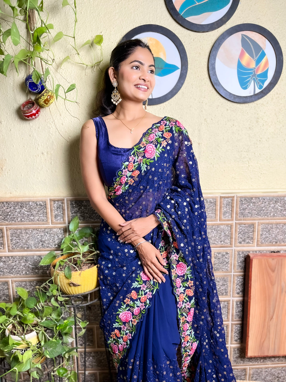 Navy Blue print Georgette Saree
