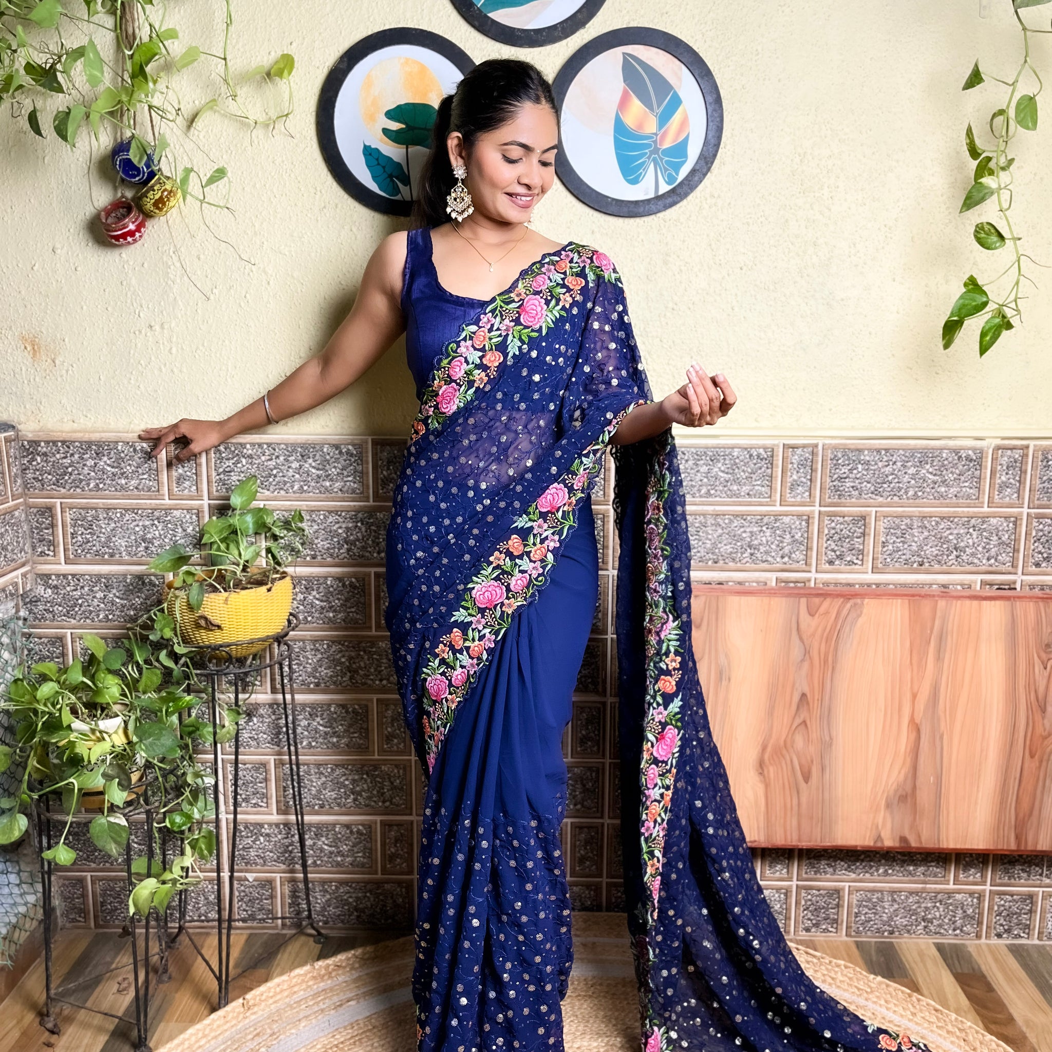 Navy Blue print Georgette Saree