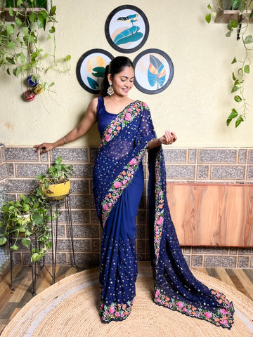 Navy Blue print Georgette Saree