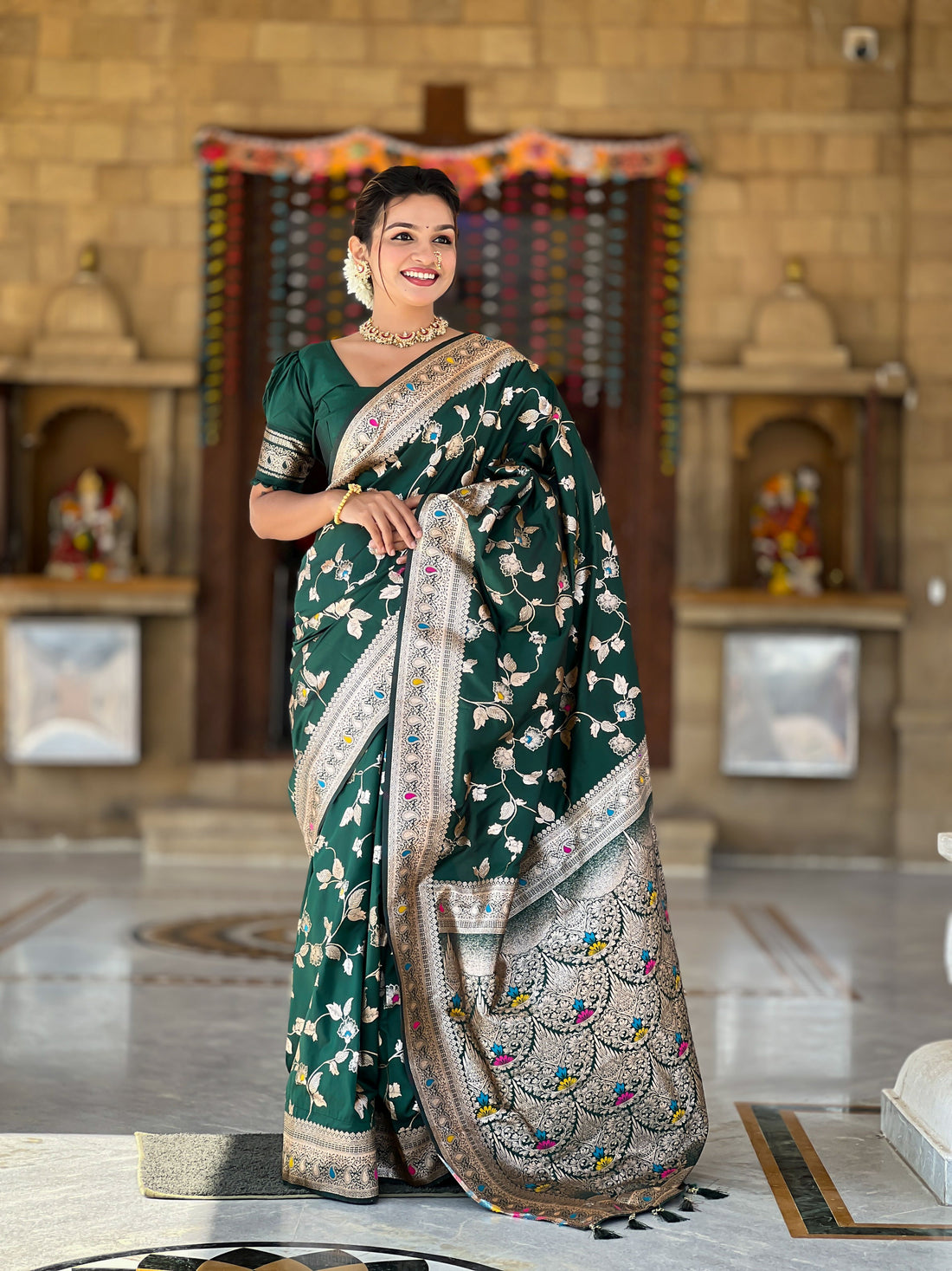 Green Banarasi Silk Saree with Silver Border