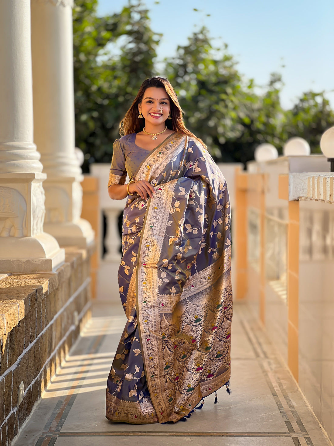 Gray Banarasi Silk Saree