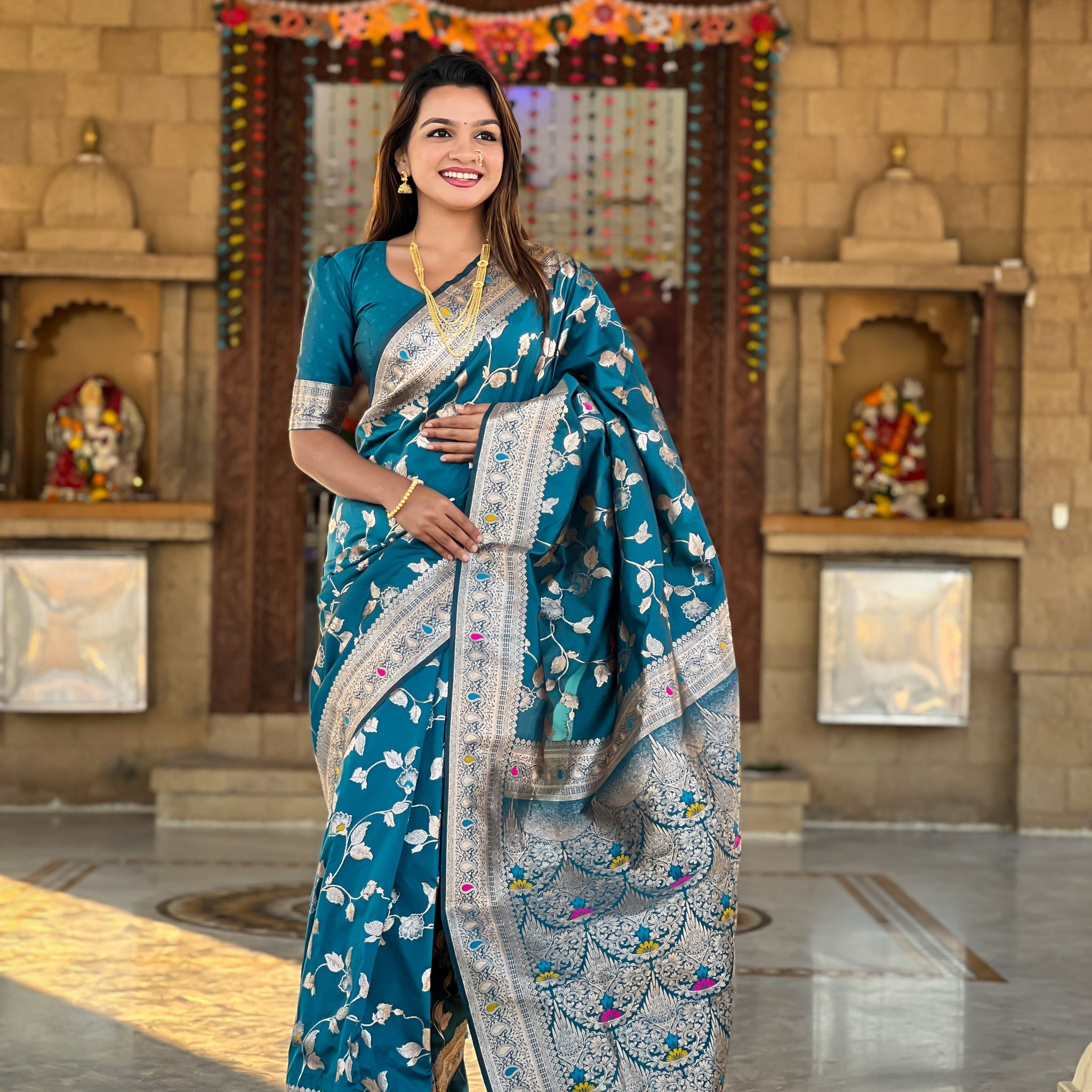 Teal Blue Banarasi Silk Saree