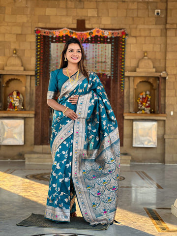 Teal Blue Banarasi Silk Saree