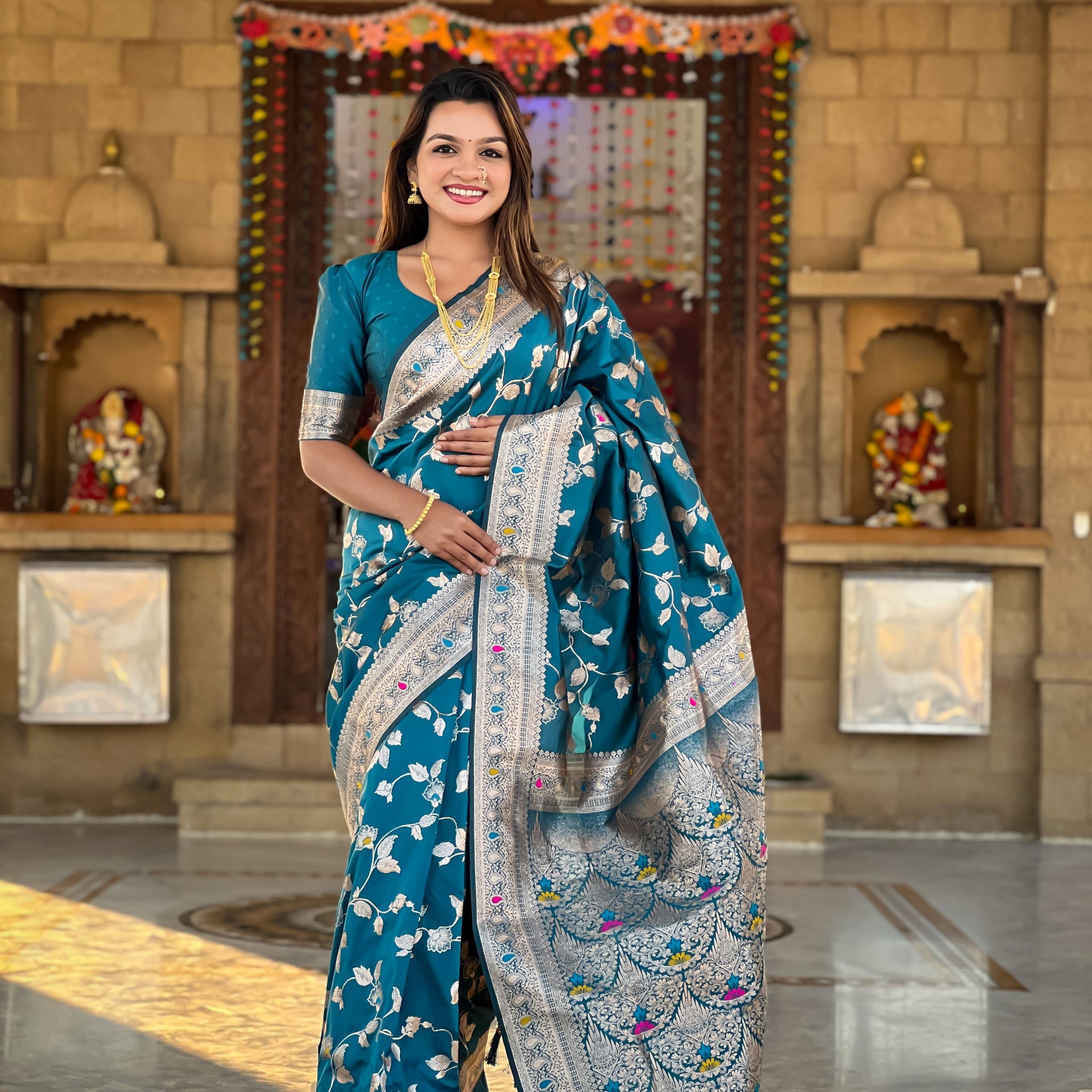 Teal Blue Banarasi Silk Saree