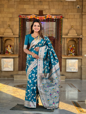 Teal Blue Banarasi Silk Saree