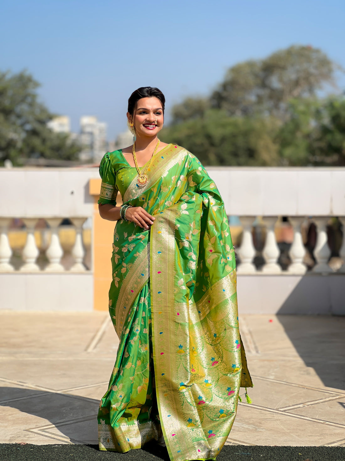 Light Green Printed Banarasi Silk Saree