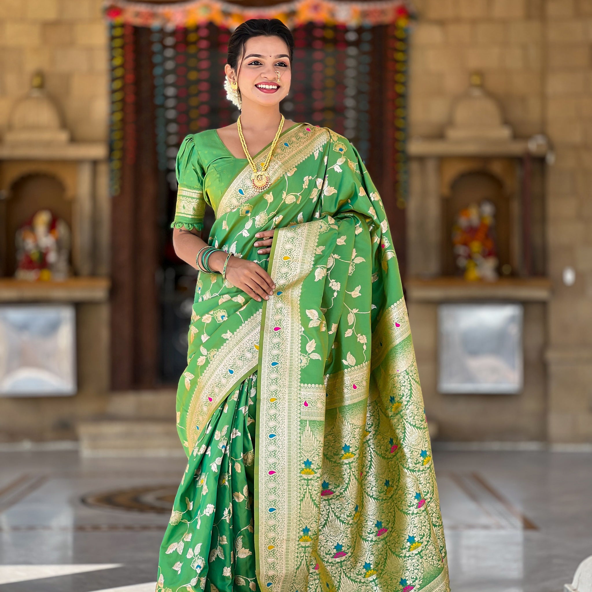Light Green Printed Banarasi Silk Saree