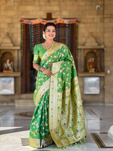 Light Green Printed Banarasi Silk Saree