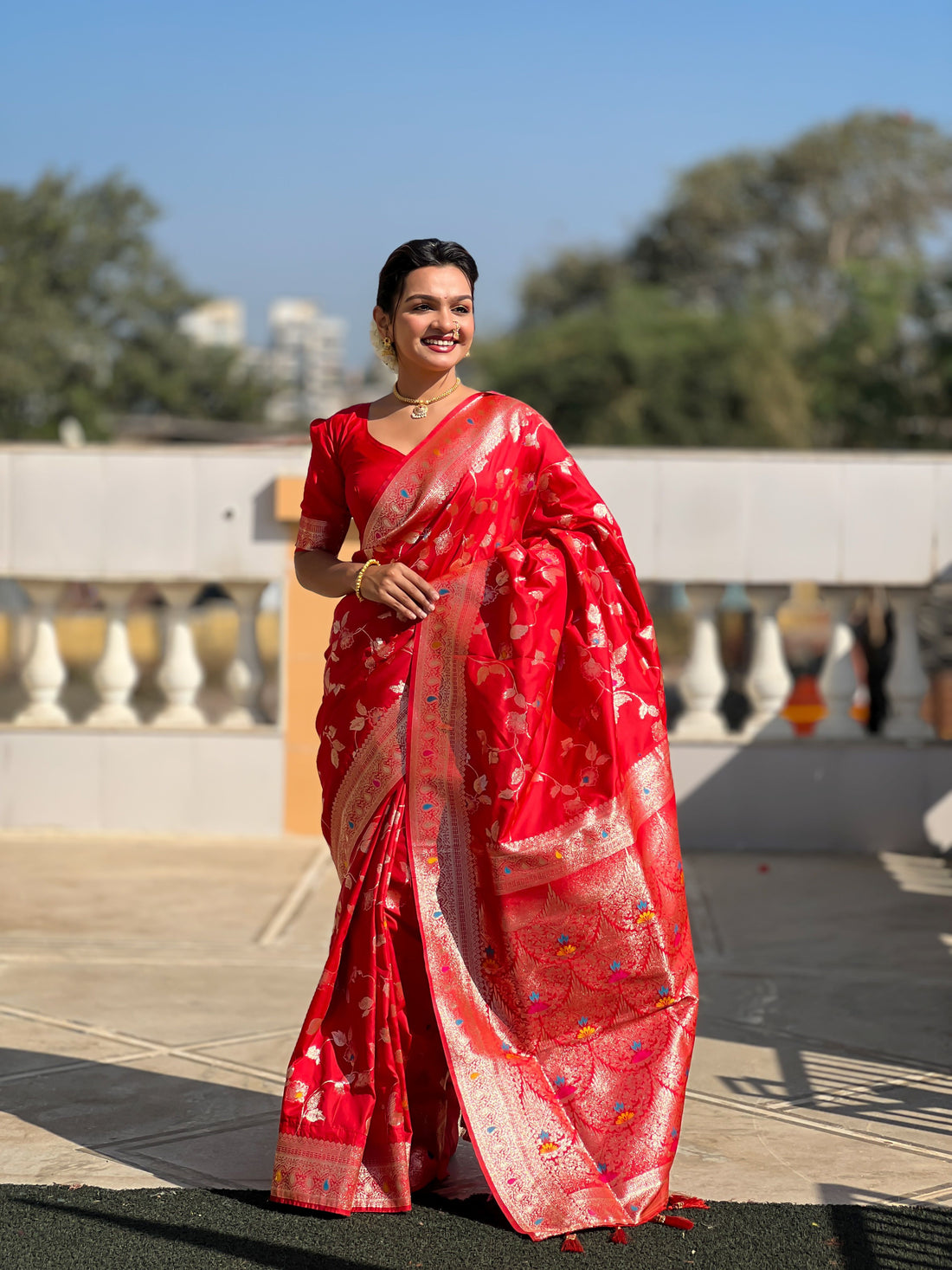 Scarlet Red Printed Banarasi Saree